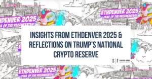 ETHDenver 2025 conference insights with reflections on Trump’s National Crypto Reserve, featuring a blockchain-themed banner with AI elements