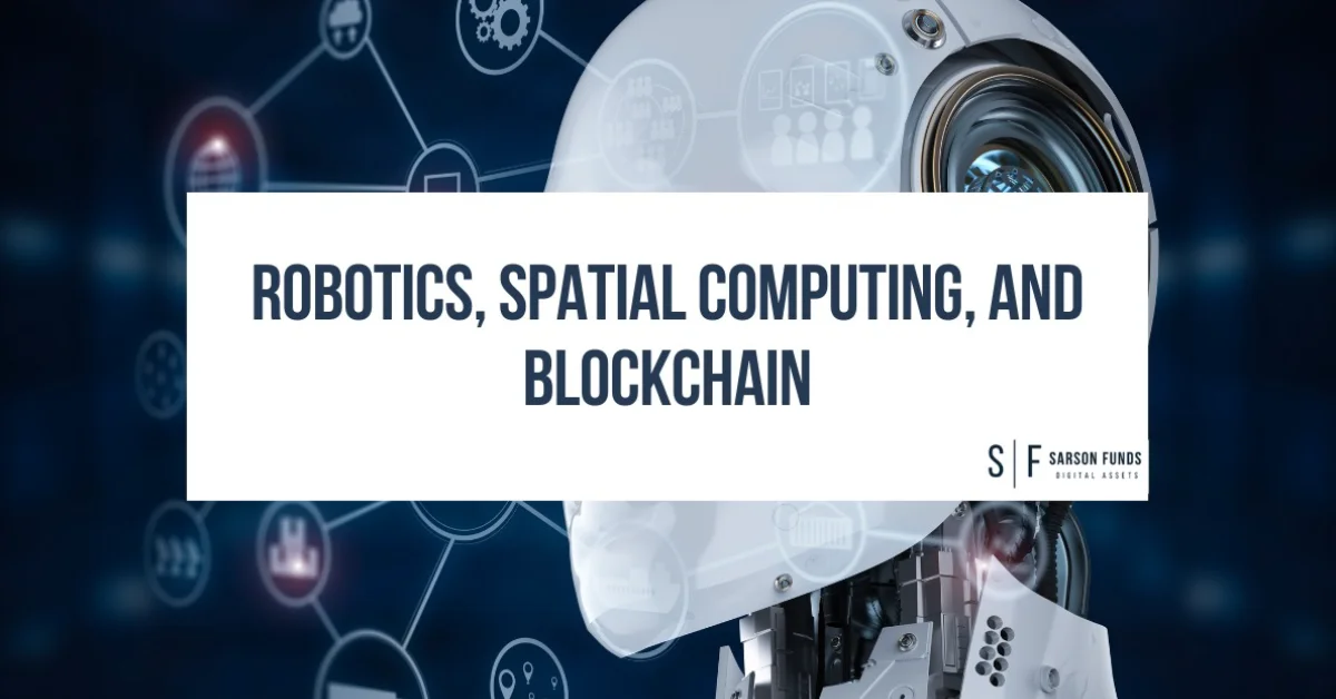 Close-up of a robot head with blockchain and spatial computing icons in the background.