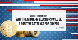 Bitcoin and U.S. dollar imagery against an American flag backdrop representing the impact of midterm elections on cryptocurrency markets